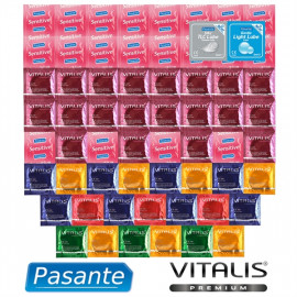 Akční Balíček extra tenkých kondomů - 61 kondomů Pasante a Vitalis Premium + lubrikační gely Pasante jako dárek