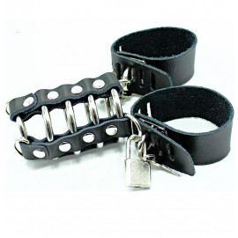 OhMama Fetish Leather Strap Metal Ring Cock Cage with Ball Divider