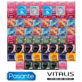 Vánoční Balíček hrejivých, chladivých a svietiacich kondómov - 62 kondómov Pasante a Vitalis Premium + 4 lubrikačné gély Pasante ako darček